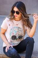 EDGY CHIC DISTRESSED GRAPHIC TEE - CHAMPAGNE ROSE