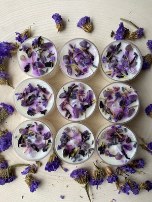 Third Eye Tea Light Candles - Made with purple amethyst, forget-me-not, lavender and butterfly flower